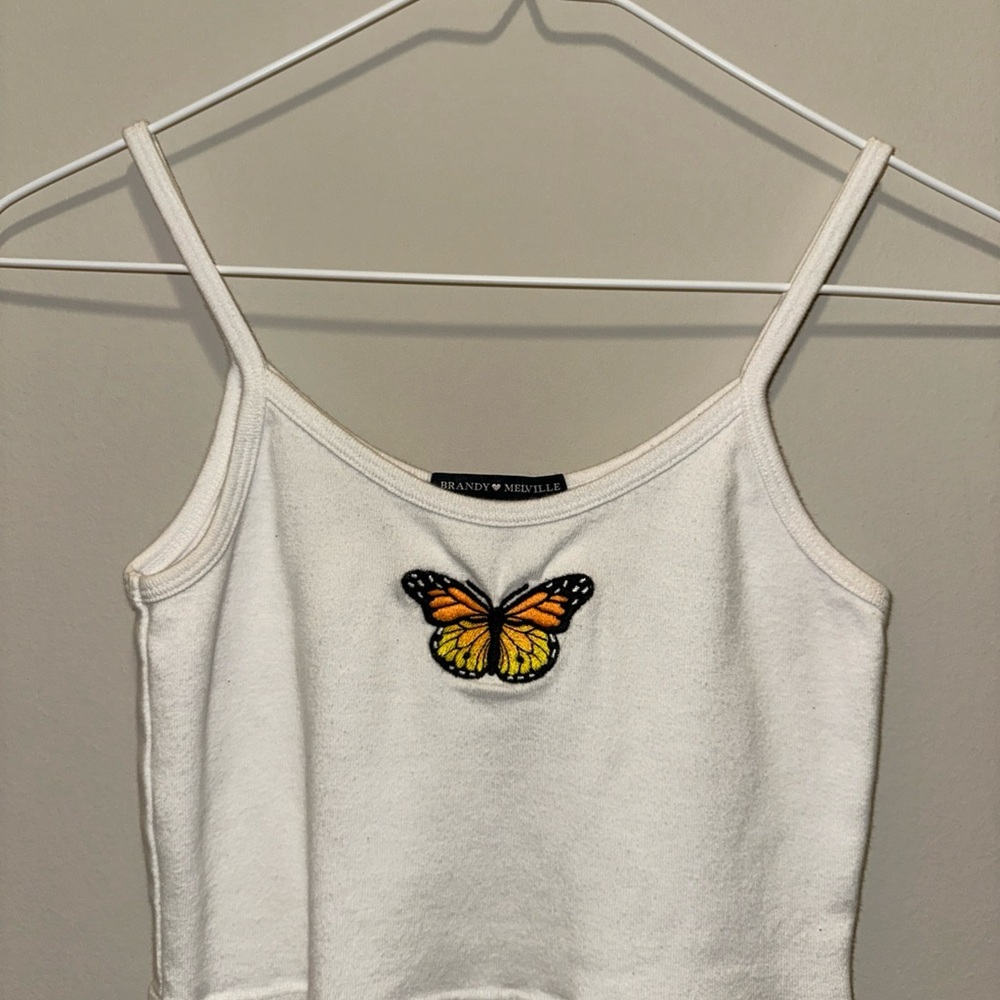 Brandy Melville White Spaghetti Strap Crop Camisole with Embellished Butterfly
